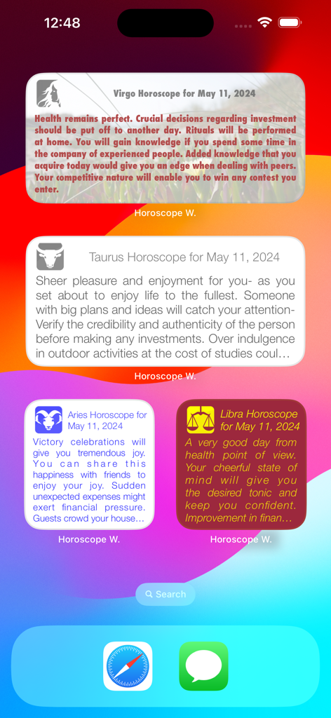 Several daily horoscope widgets for different zodiac signs displayed on an iPhone home screen with various colors and fonts.