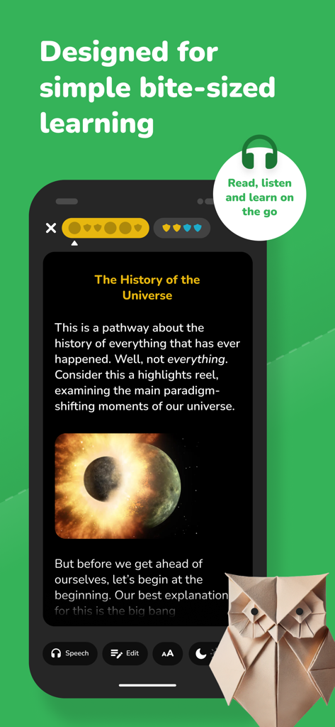 Kinnu: Superpower learning - Kinnu app interface showing a micro-lesson on the history of the universe with audio and reading options.