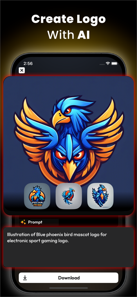 Arvine AI Logo Maker & Creator - Arvine AI Logo Maker app interface showing a blue phoenix mascot logo generated from a text prompt