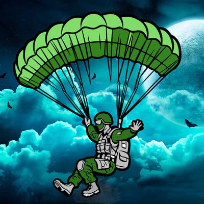 paratrooper landing with a parachute.