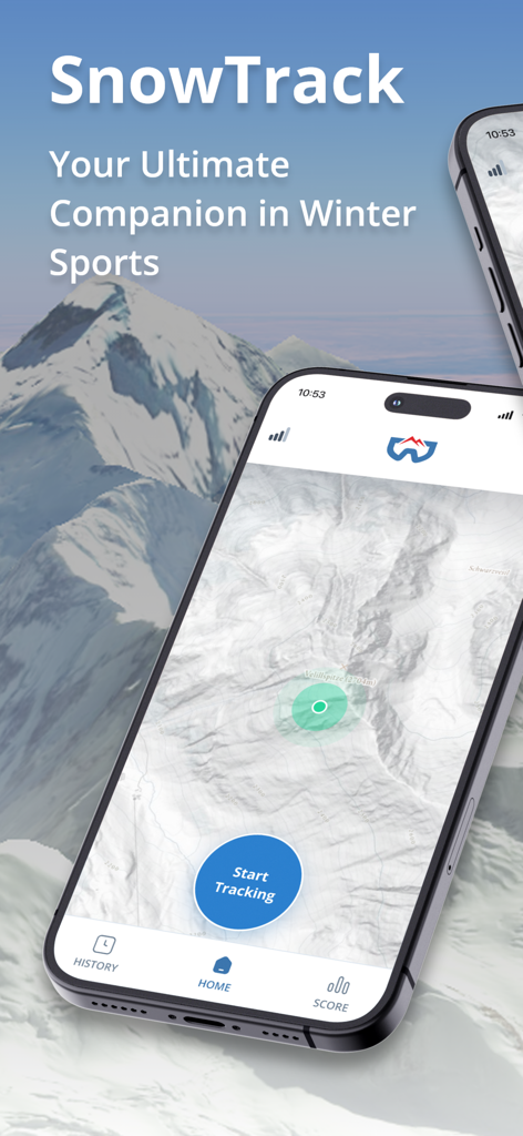 SnowTrack app interface showing a topographical mountain map and a start tracking button for skiing and snowboarding