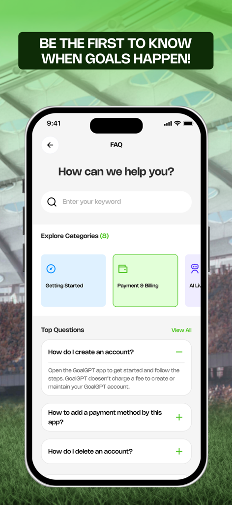 GoalGPT - GoalGPT FAQ page displaying help categories and common questions about account management and billing.