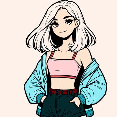 a realistic girl with a crop top and short shorts in an open jacket