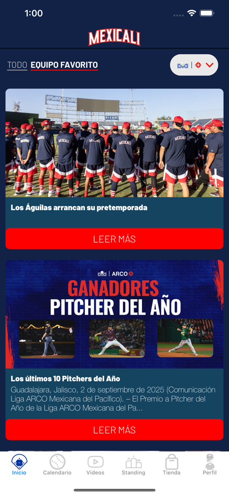 LAMP mx - Home screen of the LAMP mx app displaying news about the Mexicali baseball team and league awards