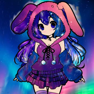 pretty anime girl wearing a fluffy hoodie with bunny ears on the hood and a skirt