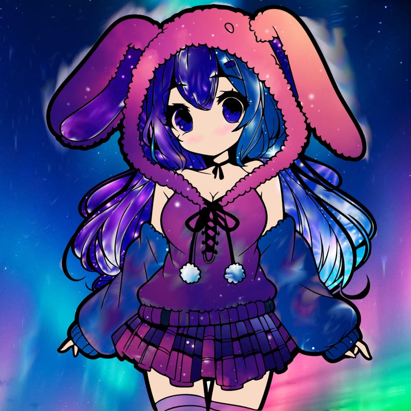 pretty anime girl wearing a fluffy hoodie with bunny ears on the hood and a skirt