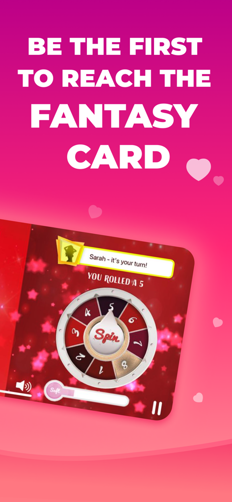 Passion Playアプリのインターフェース。カップルのセックストイゲームのスピニングホイールが表示され、「ファンタジーカードに到達」というテキストが表示されている