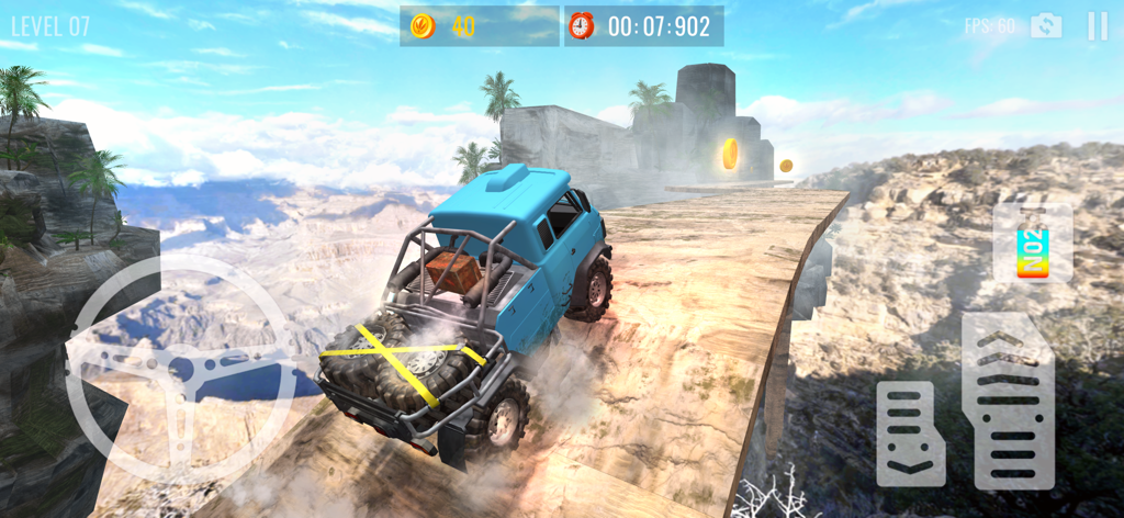 Mountain Climb 4x4 Car Driving - A blue 4x4 truck navigating a narrow wooden bridge over a scenic canyon in Mountain Climb 4x4 Car Driving.