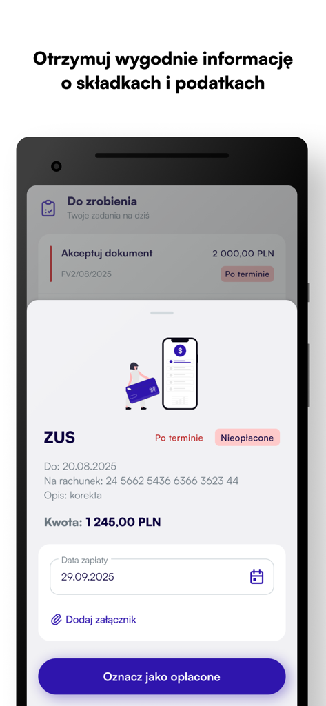 Scanye 2.0 - Mobile app interface showing a Polish ZUS tax payment status with details and a mark as paid button