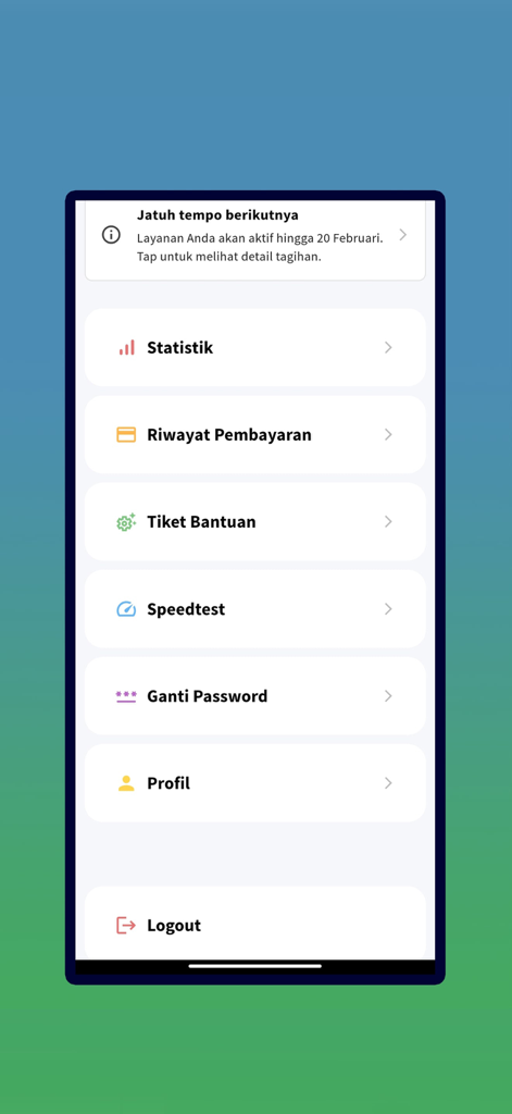 TPay Telnet - TPay Telnet app menu screen showing payment history and account settings