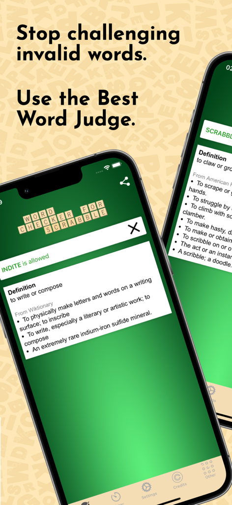 Word Checker for Scrabble app screen showing word validity and definitions