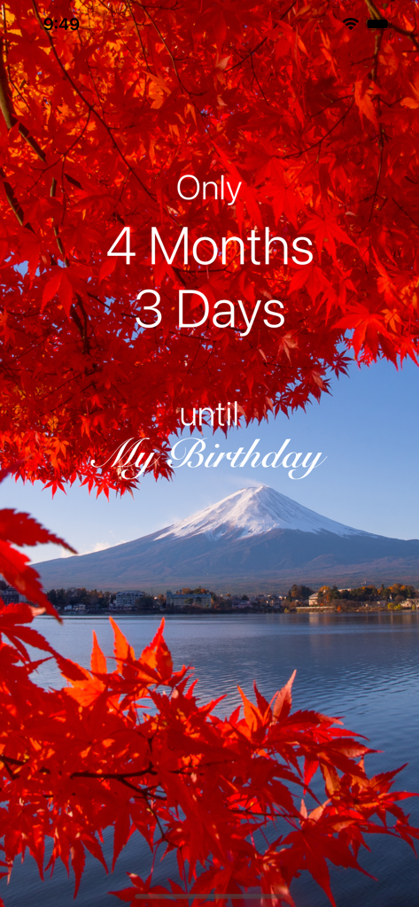 Aesthetic birthday countdown timer with a scenic background of Mount Fuji and red leaves