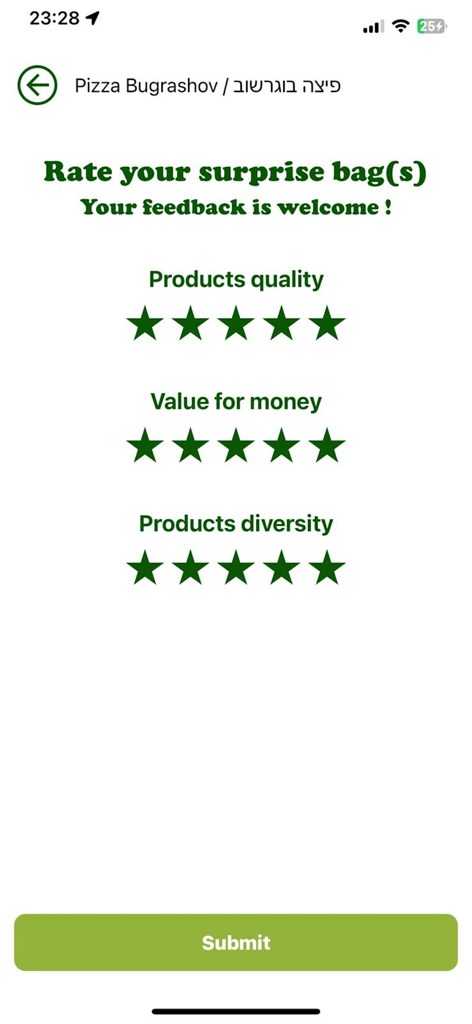 A mobile app screenshot of the SpareEat rating interface where users can rate products quality, value for money, and products diversity with stars.