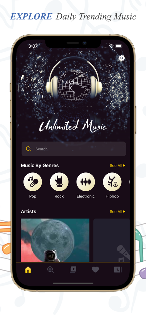 Player FF - Player FF app interface showing trending music and genre categories like Pop and Rock