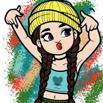 realistic teenage girl with braids and a beanie and crop top doing 🫶🏼