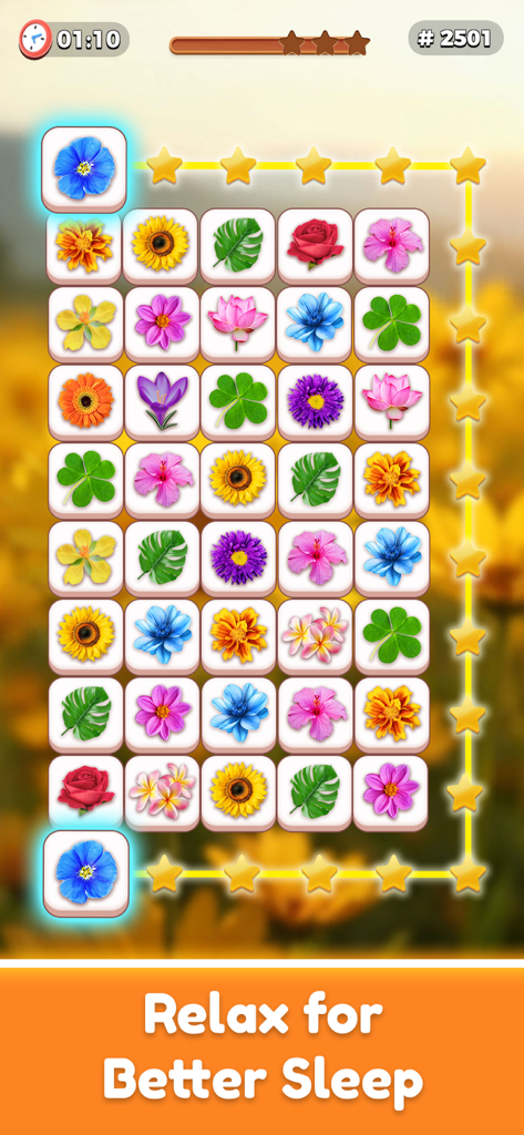 Zen Flower - Tile Match Game - A tile matching puzzle game with floral tiles and the caption Relax for Better Sleep.