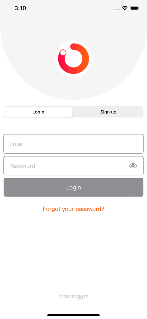 Trainingym - Interfaz de inicio de sesión de la aplicación móvil Trainingym con campos de correo electrónico y contraseña