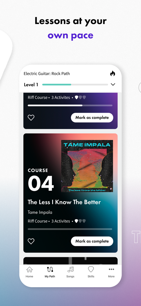 Fender Play app screen showing a guided guitar learning path and song lessons
