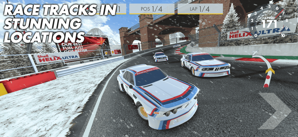 Shell Racing - Gameplay di corse arcade in Shell Racing con auto BMW su una pista innevata con il marchio Shell.