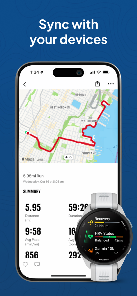 Map My Fitness Workout Tracker - Map My Fitness app on an iPhone showing a run summary synced with a Garmin smartwatch displaying recovery and HRV status.