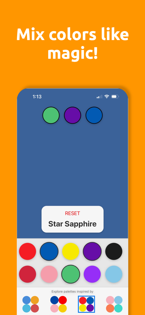 Color Mixer for Kids - Interfaz de una aplicación móvil que muestra círculos de mezcla de colores y una paleta con el texto Mezcla colores como por arte de magia