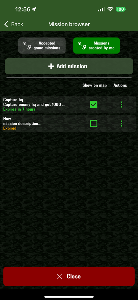 Ares Alpha app mission browser showing active and expired game objectives