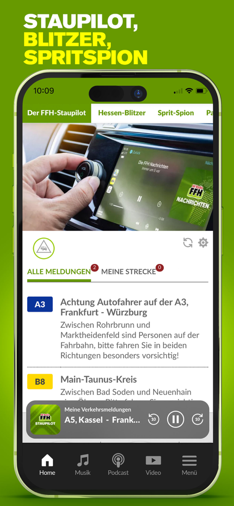 HIT RADIO FFH app interface showing real-time traffic alerts, speed camera locations, and gas prices for the Hesse region.