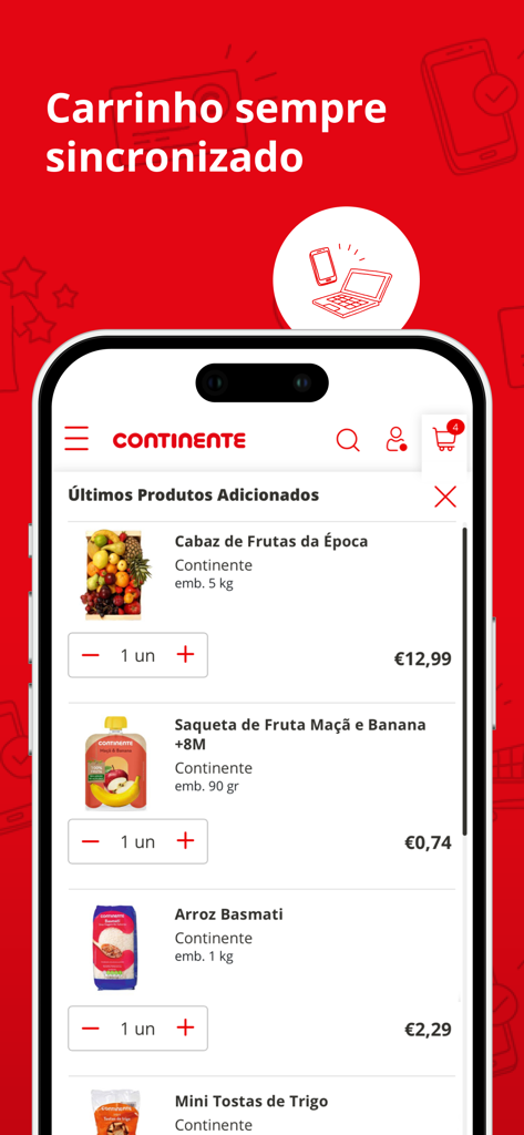 Continente Online mobile app interface showing a synchronized grocery shopping cart with items like fruit and rice