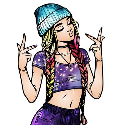 realistic teenage girl with braids and a beanie and crop top doing 🫶🏼