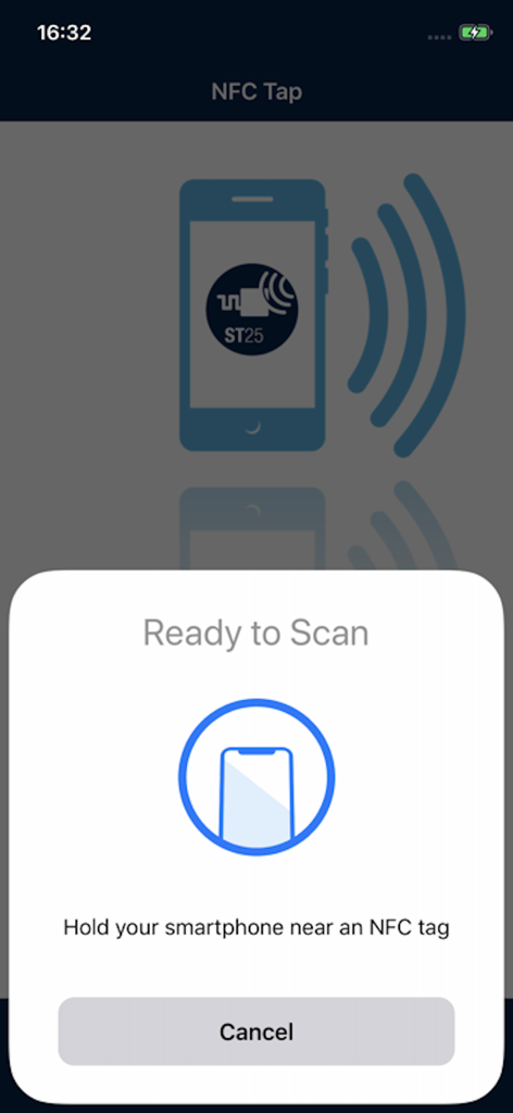 NFC Tap - The NFC Tap app showing the iOS system prompt Ready to Scan to read an NFC tag