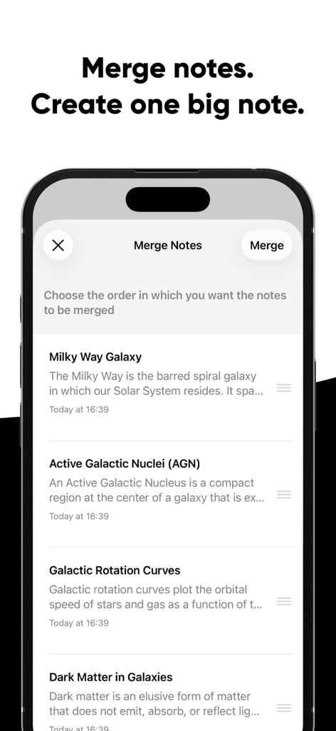 Brain Dump: Notes & Writing - Interface of Brain Dump app showing how to select and merge multiple notes into one document
