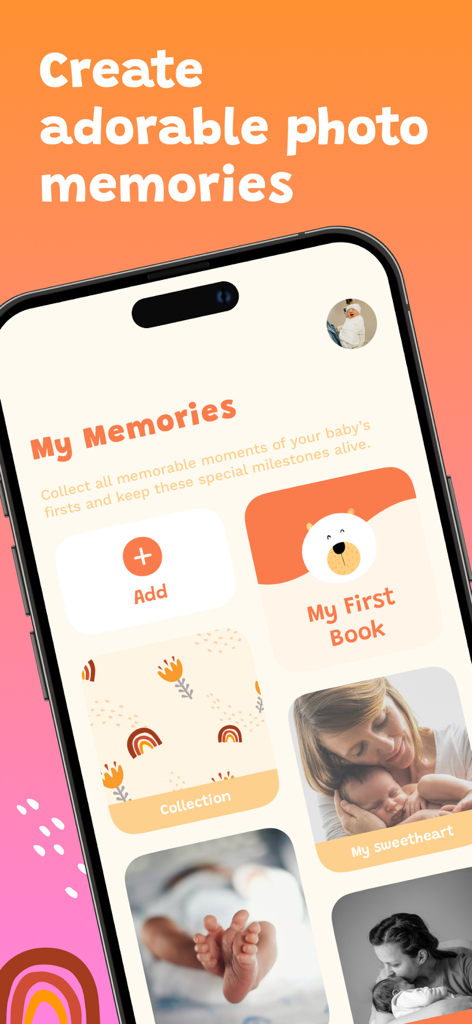 Schermata di uno smartphone che mostra la dashboard dell'app Babio dove i genitori possono organizzare le foto dei bebè in libri digitali di tappe fondamentali e collezioni.