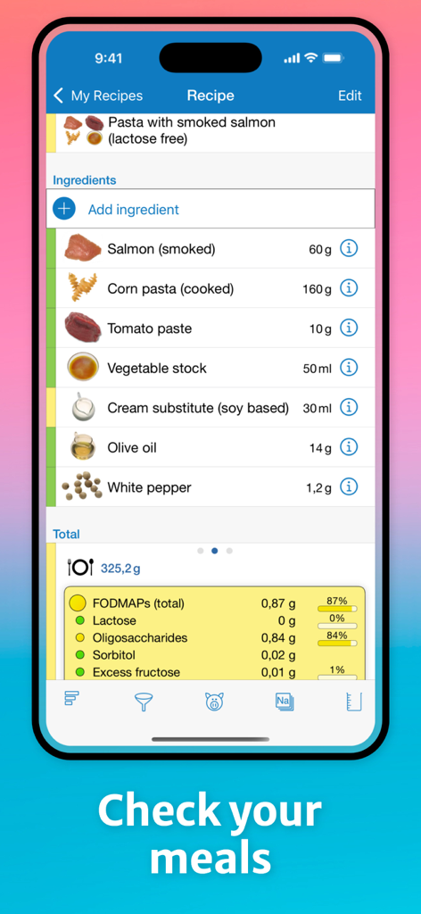 Interfaz de la aplicación móvil que muestra un análisis de recetas para intolerancias alimentarias, incluyendo niveles de FODMAP y lactosa.
