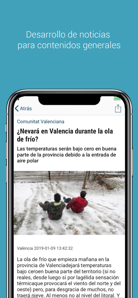 A smartphone screen displaying a news article from the Levante-emv app about weather in Valencia.