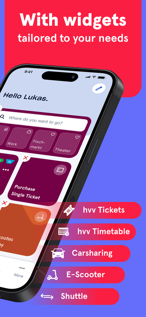 hvv switch app screen displaying personalized widgets for transit tickets and mobility services