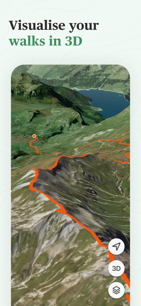 Hika - Hiking trails and maps - Visualisation 3D d'un sentier de randonnée de montagne sur une carte dans l'application Hika.