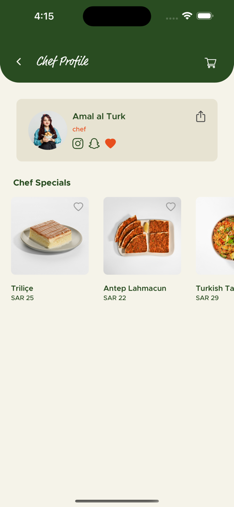 Prep'd - A chef profile page in the Prepd app featuring influencer curated dishes like Trilice and Antep Lahmacun