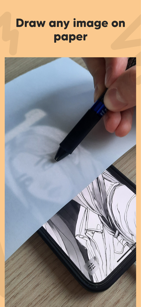 A person tracing an image from a phone screen onto paper using the Lightbox Draw app