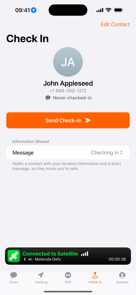 Bullitt Satellite Messenger - Bullitt Satellite Messenger app check in screen showing contact information and a button to send a check in message via satellite