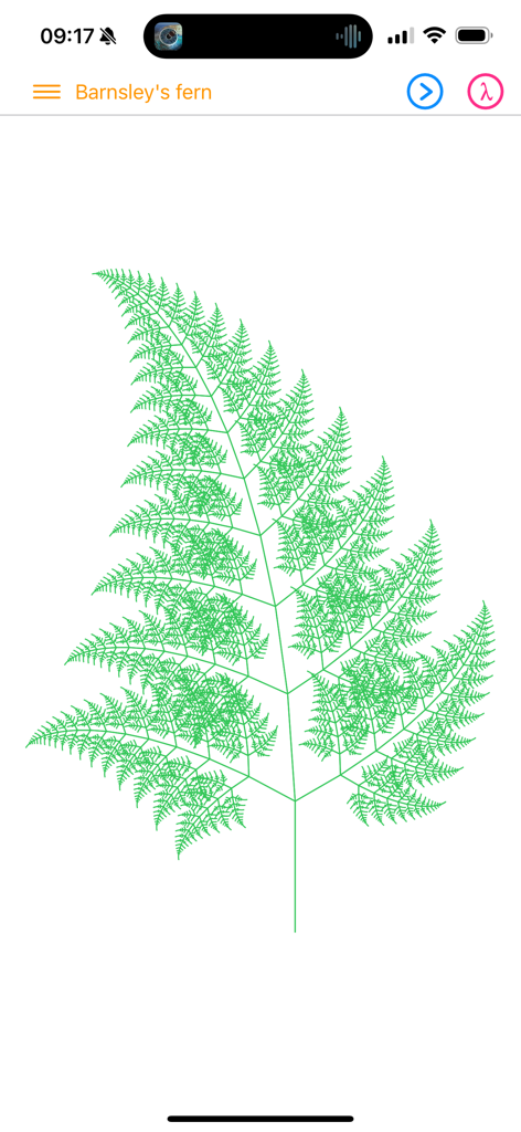 A green Barnsley's fern fractal rendered inside the My Lisp mobile application interface