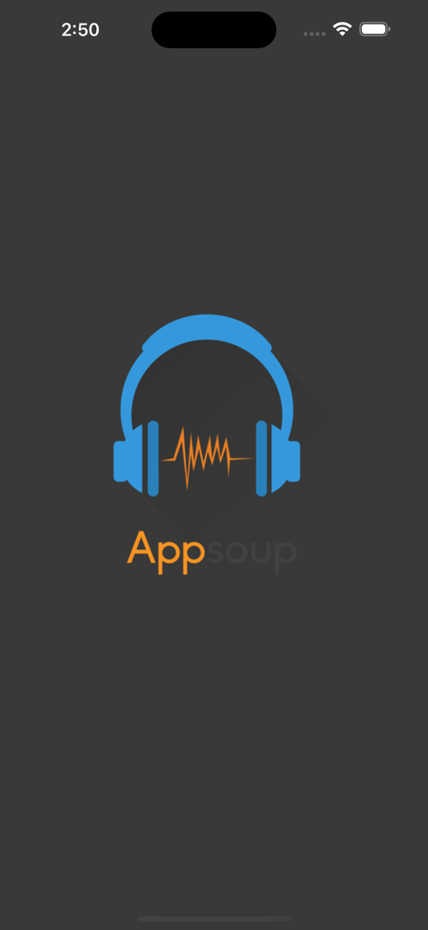 DJ Sound FXアプリのスプラッシュスクリーン。青いヘッドフォンとオレンジの波形が付いたAppsoupロゴを表示。