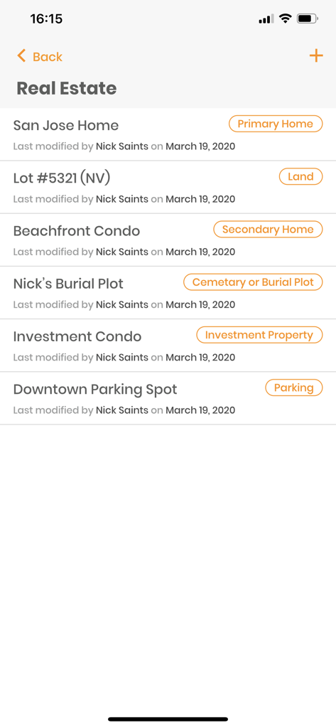 SideDrawer - SideDrawer app screen displaying a list of organized real estate assets including primary home land and investment property