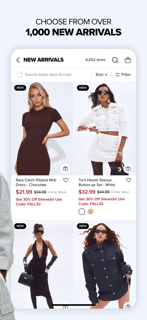 Interfaz de la app Fashion Nova que muestra un catálogo de nuevos atuendos de moda y precios de descuento.