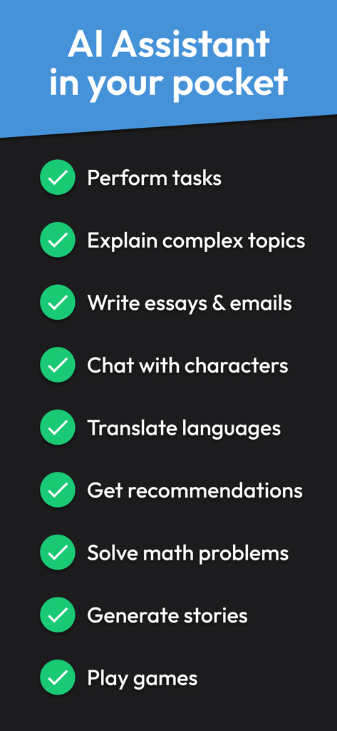 Copy AI: Content Script Writer - Lista de funciones de asistente de IA que incluyen escritura de ensayos, traducción y resolución de problemas matemáticos