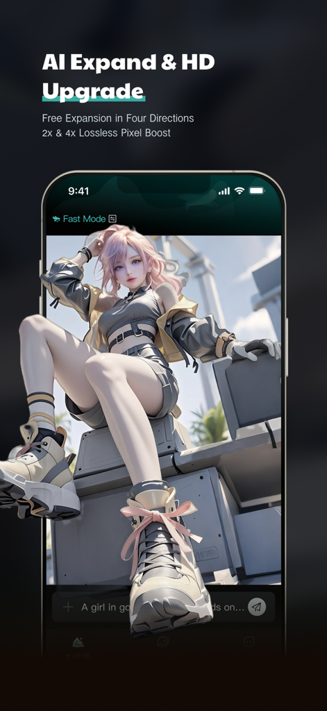 Banana Studio: Al Image Editor - Banana Studio app interface showing AI image expansion and HD upgrade features for an anime character