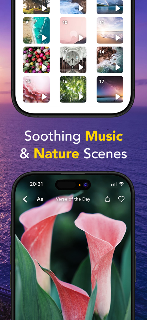 Mobile app interface displaying a grid of soothing nature videos and a peaceful pink lily background for daily bible verses.
