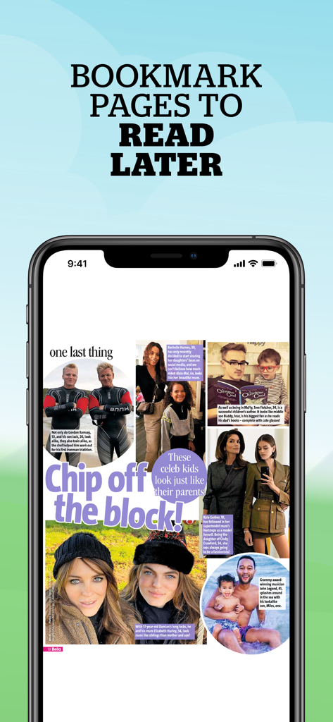 Bella Magazine - Bella Magazine app on iPhone highlighting the feature to bookmark pages to read later with celebrity articles on screen