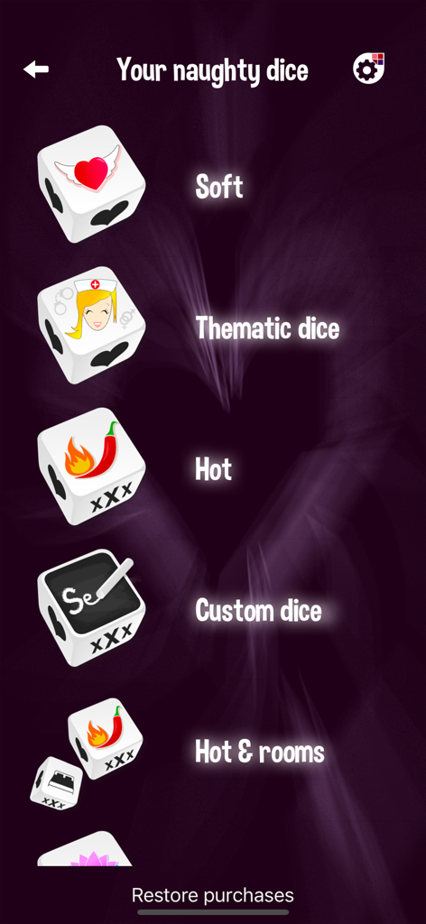 ErosDice app menu screen showing various game levels including Soft Hot and Custom modes for couples