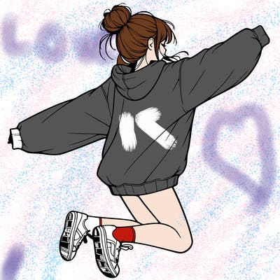 realistic girl jumping with a bun and oversized sweatshirt