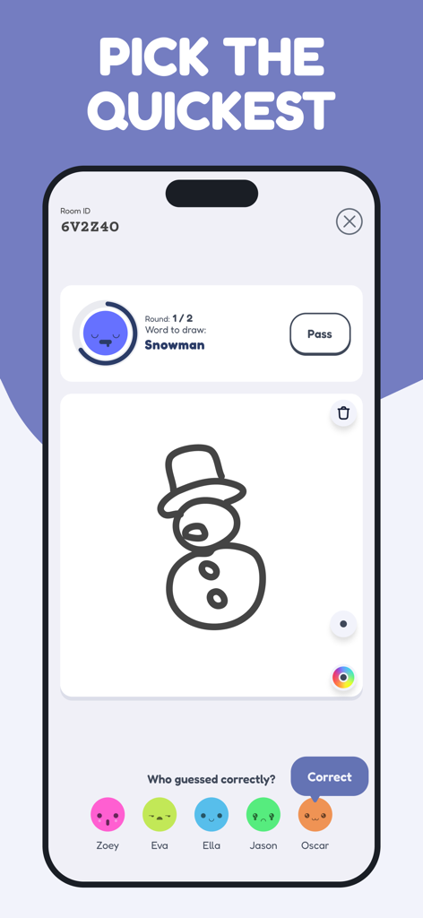 drawverse: draw & guess game - Drawverse game screen showing a snowman drawing and player guessing options